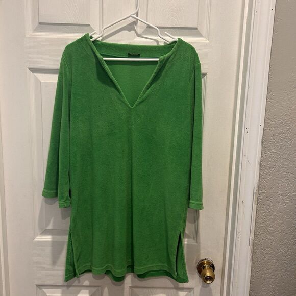 Talbots Green Split V-Neck French Terry‎ Long Sleeve Coverup Tunic Womens Large - Picture 1 of 8